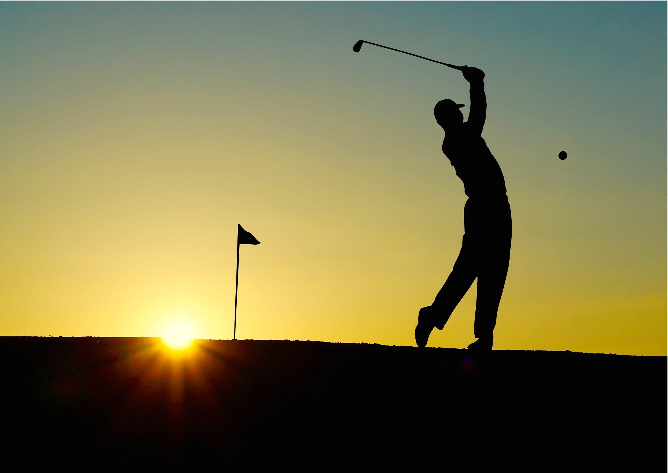 sunset ,man, silhouette, golf club, golf ball
