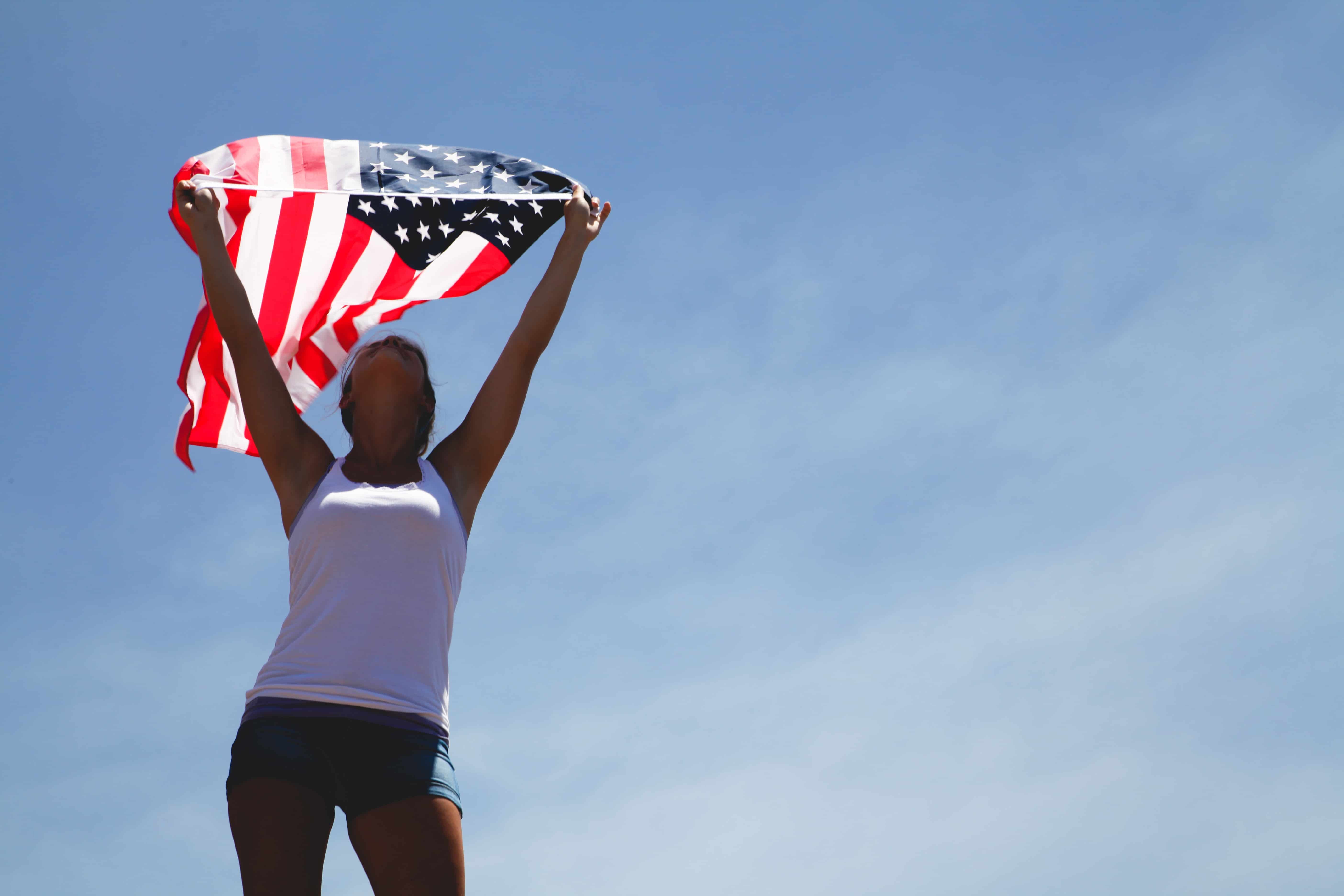 woman, american flag, sky
