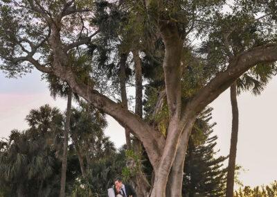 bride and groom kissing under a tree on our south Florida golf course